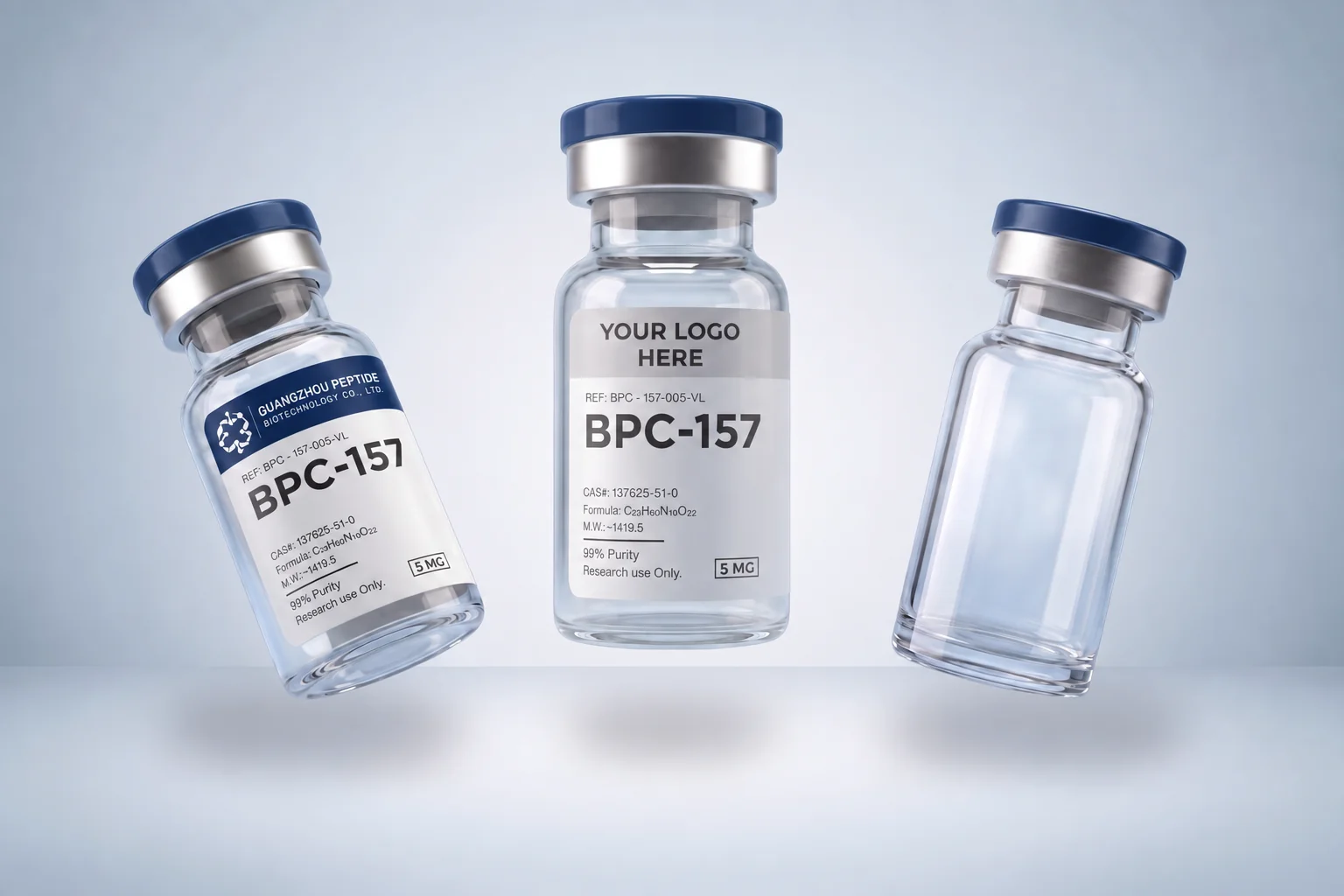 Guangzhou Peptide private-label mockup with dark blue vial caps and matching label accents